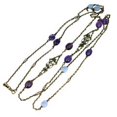French Figural Silver Long Chain with Gemstones