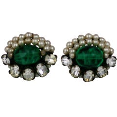 Rousselet Pearl and Emerald Pate de Verre Earclips