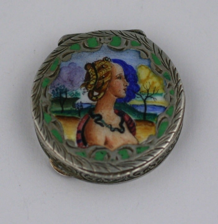 Lovely enamel maiden portrait on 800 silver round pillbox. Silver has decorative hand etching throughout. 1.5