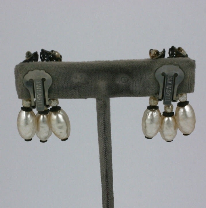 Miriam Haskell Silver Gilt and Pearl Dangle E In Excellent Condition In New York, NY