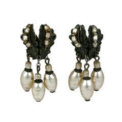 Vintage Miriam Haskell Silver Gilt and Pearl Dangle E