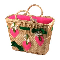 Vintage Strawberry Decorated Straw Tote