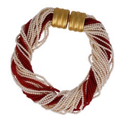 Torsade-Halskette mit Rubin und Perlen