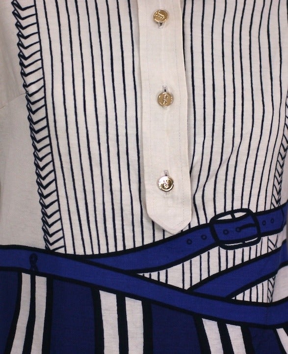 Roberta di Camerino Trompe L'oiel Mini dress in soft cotton knit jersey lisle. Faux belts wrap around the waist with a 