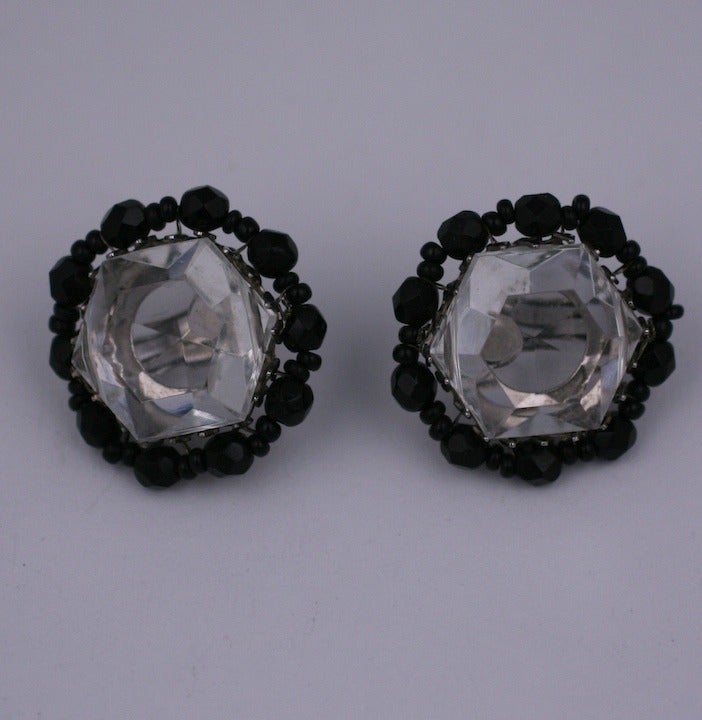 Miriam Haskell Crystal and Jet Beaded Earclips In Excellent Condition For Sale In New York, NY