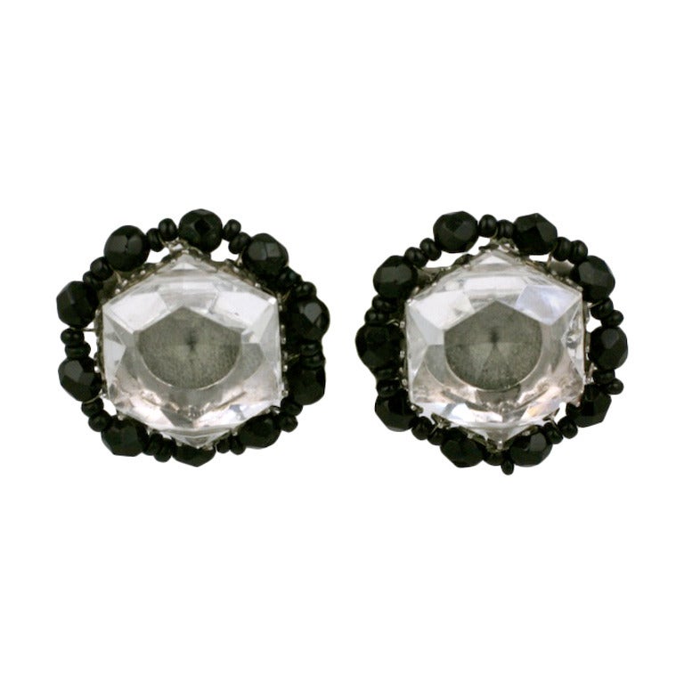 Miriam Haskell Crystal and Jet Beaded Earclips For Sale