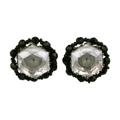 Retro Miriam Haskell Crystal and Jet Beaded Earclips