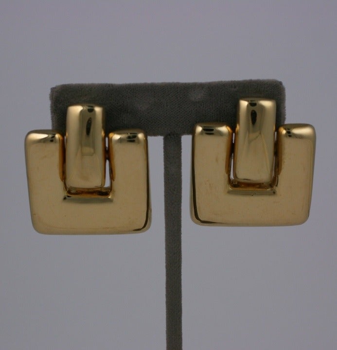 Valentino Gilded doorknocker earrings in unusual square shape. Italy 1980's. Excellent condition. 1 3/4