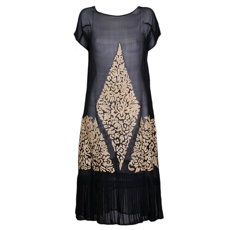1920's Tambour Embroidered Chiffon Day Dress For Sale