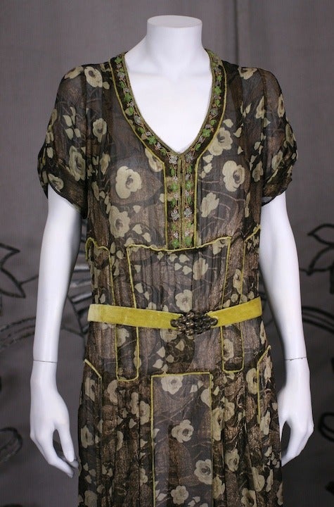 Gray 1920's Chiffon Lame and Velvet Dress For Sale