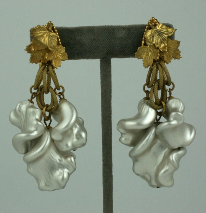 Rare Miriam Haskell Gilt leaf and Ruffled faux pearl long dangling earclips.  3