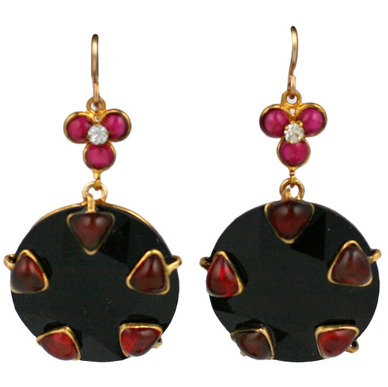 Ruby Poured Glass and Jet Earrings, MWLC For Sale