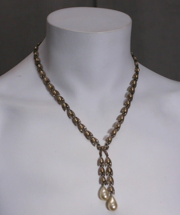 Unusual sterling silver and crystal paste and pearl link drop necklace circa 1920s. Excellent condition. USA 1920's.
15