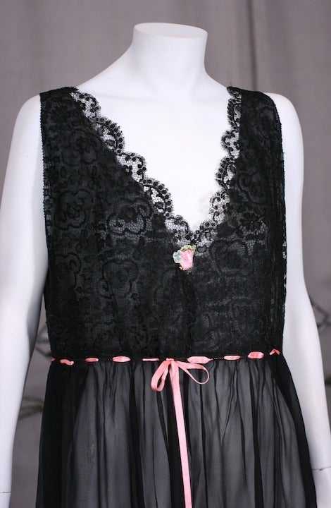 Black 1920's Chiffon and Lace Dip Hem Gown For Sale
