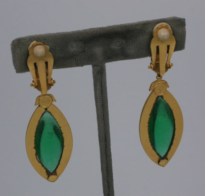 Butler and Wilson's poured glass emerald dangle earrings. Made by Maison Gripoix pour B+W in the 1980's. Excellent condition. Clip back fittings.  2.5