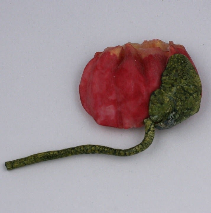 Large Fabrice, Paris resin poppy handmade and tinted to form a closed bud. Mottled green resin stem and leaf. France 1990's. Excellent condition. 
4.5