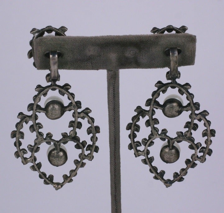 Long Edwardian style openwork earrings with pastes and faux pearls. Massive in scale as they were reinterpreted in the 1950's. Clip back fittings. 3