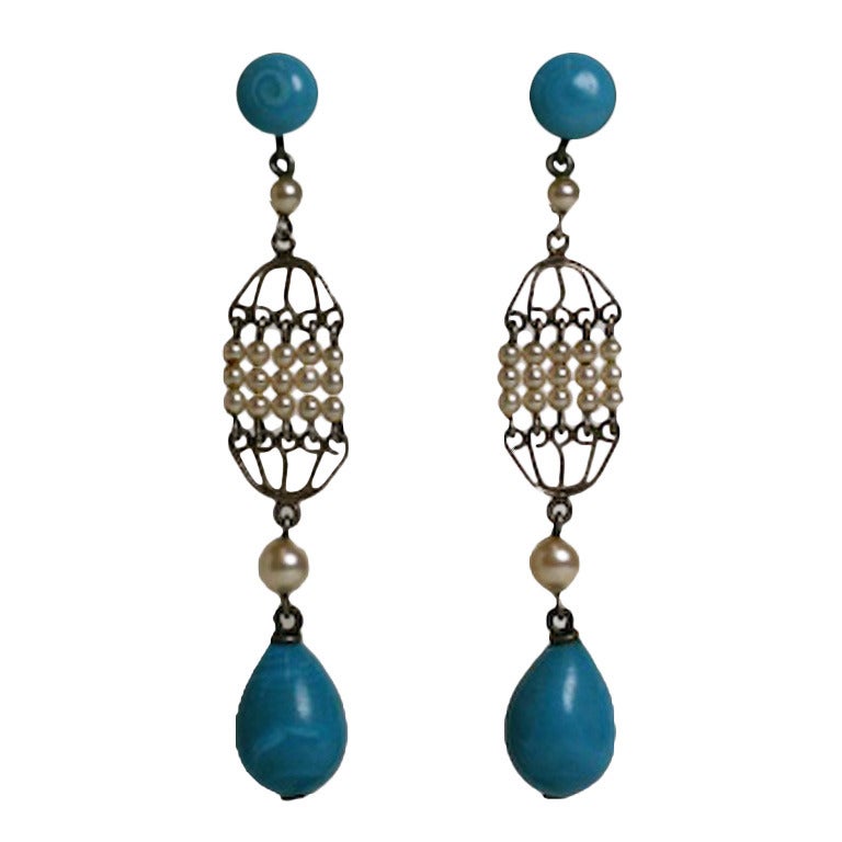 Rousselet Turquoise and Pearl Long Earrings