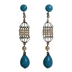 Lange Rousselet-Ohrringe mit Türkis und Perle