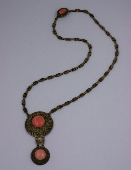 Unusual Victorian necklace of gilt silver with etruscan applied wire work with cabochons of button coral. Every other link is decorated with wirework as is the clasp. Very high quality, third quarter of the 19th Century. 
Necklace 19",