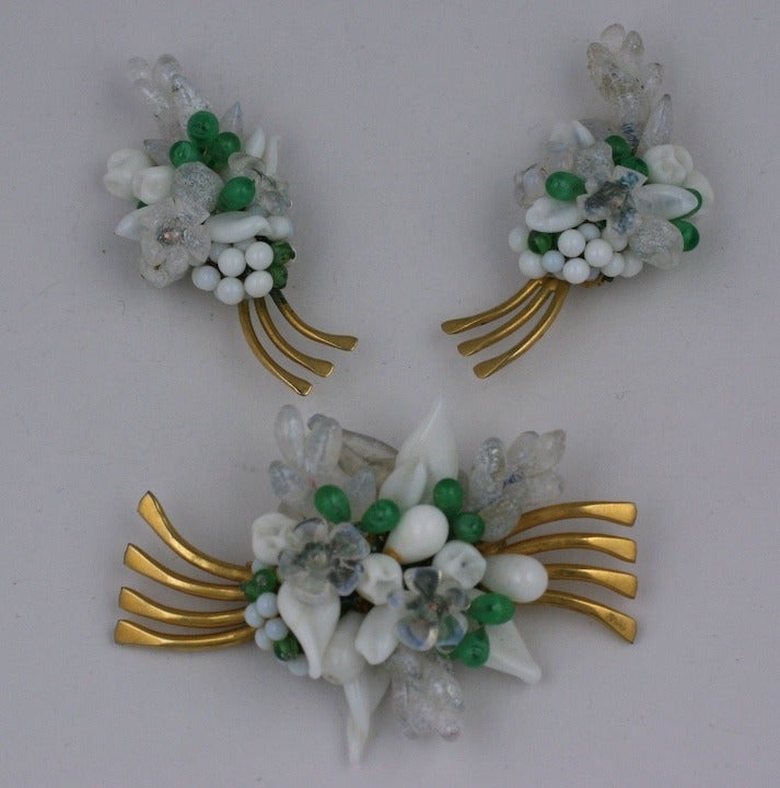 Rousselet Pate de Verre suite, handwired  with opaline, milk and pale emerald glass beads and flowers. Brooch and earrings with clip back fittings. France 1930's.  Completely handmade. Excellent condition.