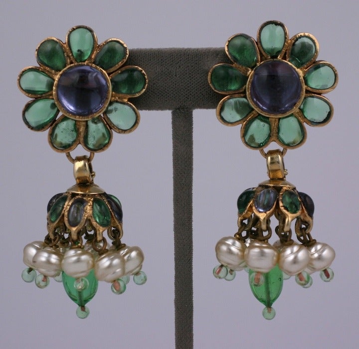 Chanel Anglo Indian style glass earrings in pale emerald and amythest poured glass with faux pearl drops. Made by Maison Gripoix. Clip back fittings. 1980's France. Excellent condition.