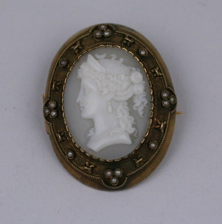 Lovely mid Victorian shell cameo with a exquisitely carved Neoclassical beauty with ornate headdress and jewelry. The gold frame is set with split pearls and lovely etruscan work. 
Set in 14K gold.  1.5