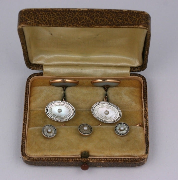 Art Deco Etched Mother of Pearl and Gold Tuxedo Stud Set