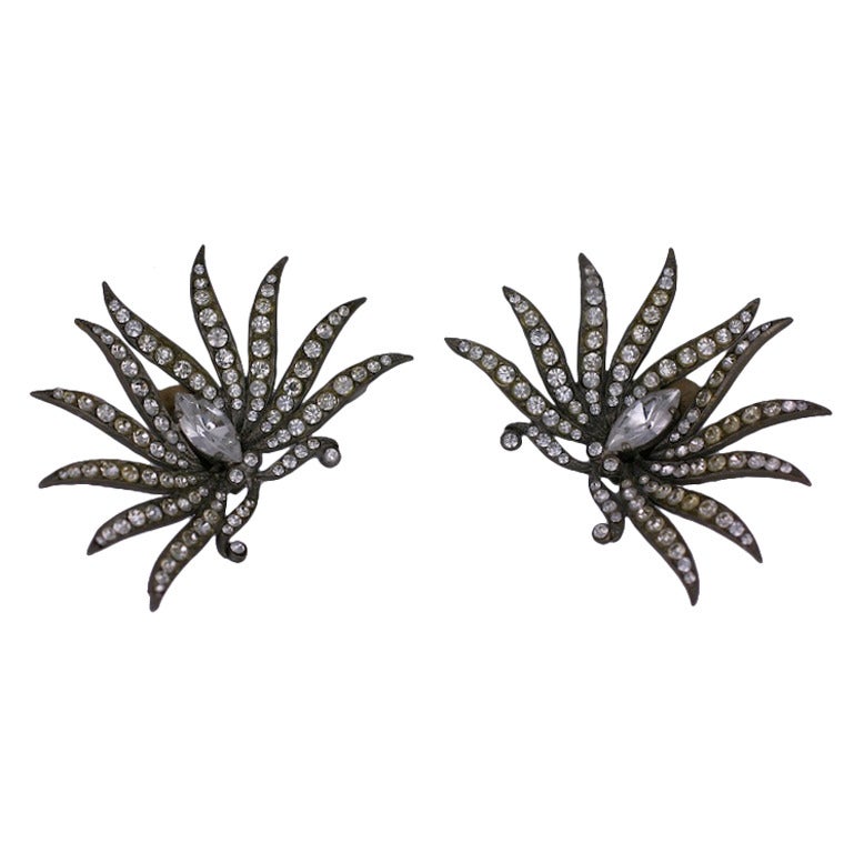 French Palm Leaf Pave Earrings For Sale