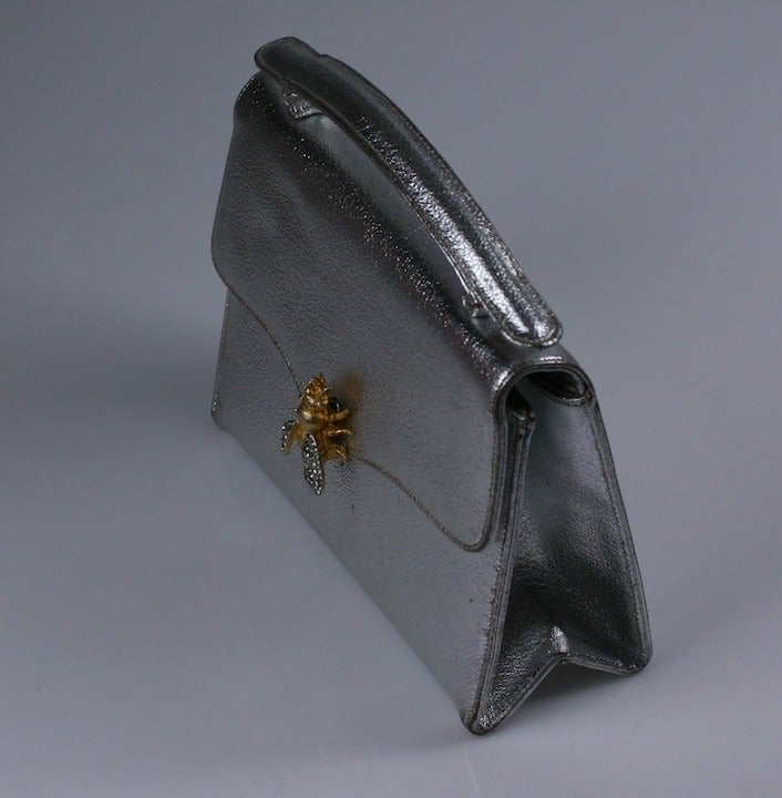 Silver leather handled evening bag with gilt and paste bumble bee clasp. 7