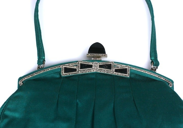 Emerald Satin, Onyx and Marcasite Evening Bag In Excellent Condition In New York, NY