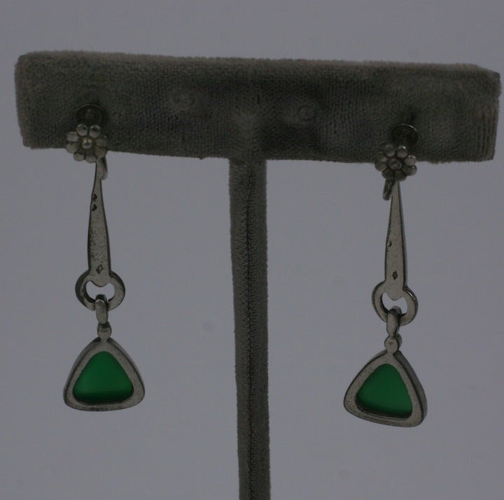 French Art Deco Marcasite and Chrysoprase Long Dangle Earrings In Excellent Condition In New York, NY