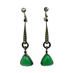 Vintage French Art Deco Marcasite and Chrysoprase Long Dangle Earrings