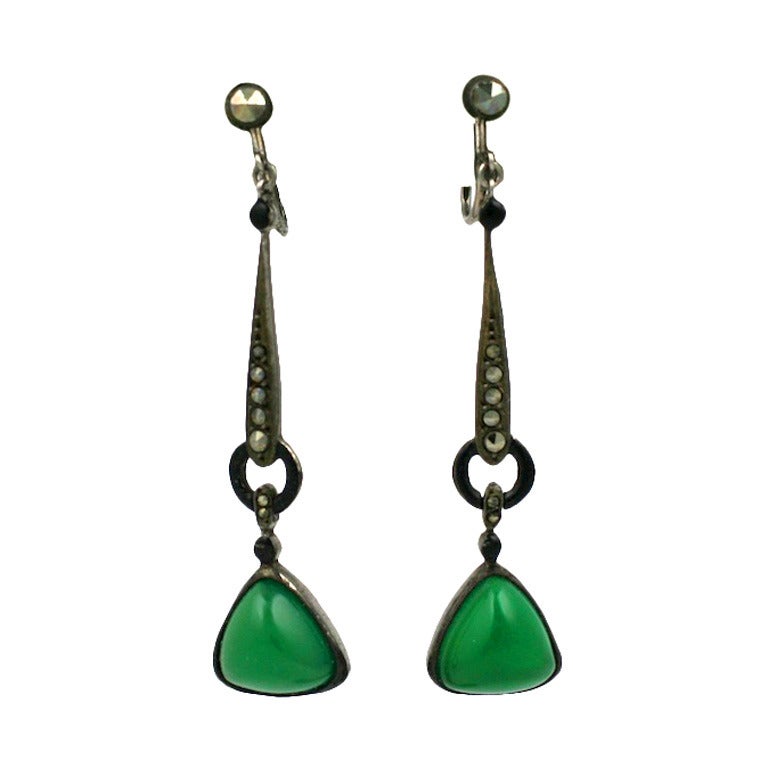 French Art Deco Marcasite and Chrysoprase Long Dangle Earrings