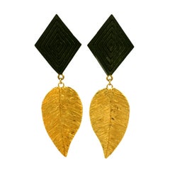 YSL Wood and Gilt Leaf Earrings