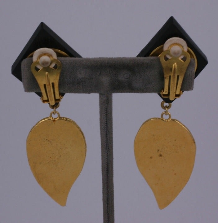 YSL Wood and Gilt Leaf Earrings In Excellent Condition In New York, NY