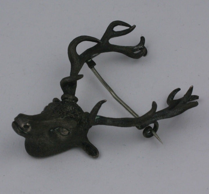 Amazing 3 dimensional handcrafted silver elk brooch from either 19th Century Austria or Germany. Incredibly modern and great for men or women. The detailing is extraordinary with original dark patina. 3
