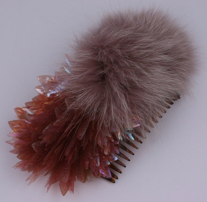 Large hair ornament of dyed fox and iridescent leaf sequins from the 1980's. Strange but interesting contrast of textures.  6