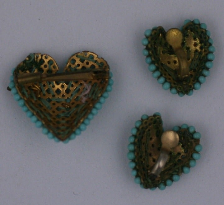 Louis Rousselet beaded turquoise and gilt arrow pierced hearts parure. France 1930's. Excellent condition. Pin  1 1/8
