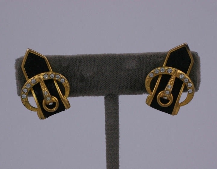 Buckle Earrings 1930's of gilt metal, black suede and crystal pastes by Henry de la Pensee, marked made in france. 1
