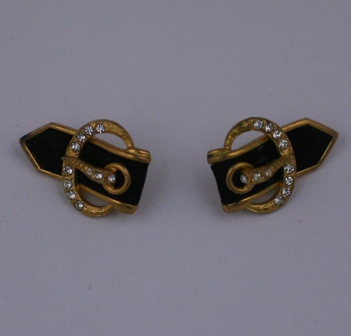 French Art Deco Suede Buckle Earrings In Excellent Condition For Sale In New York, NY