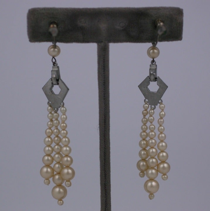 Attractive long faux pearl tassel earrings from the 1930's with pave rhinestone links. Screw back fittings. 3.25