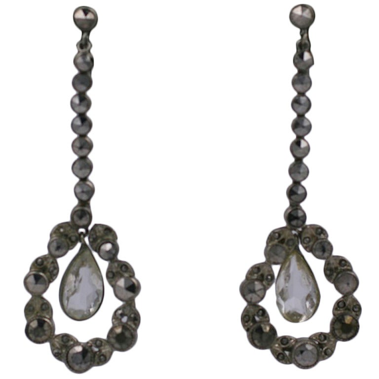1920's Marcasite and Paste Long Drop Earrings For Sale