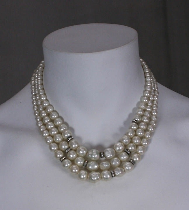 Attractive Louis Rousellet necklace of hand made graduated glass pearls with pave rhinestone rondels spacers. France 1950's. Beautiful quality and Excellent condition. Shortest length 15