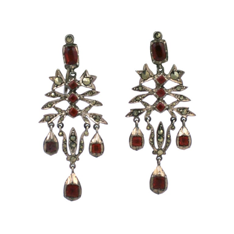 Edwardian Sterling Marcasite and Ruby Paste earring