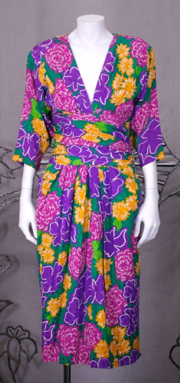 Purple Louis Feraud Silk Crepe Floral Dress For Sale