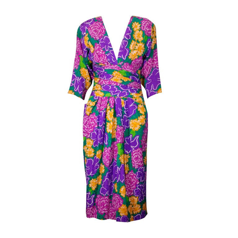 Louis Feraud Silk Crepe Floral Dress For Sale