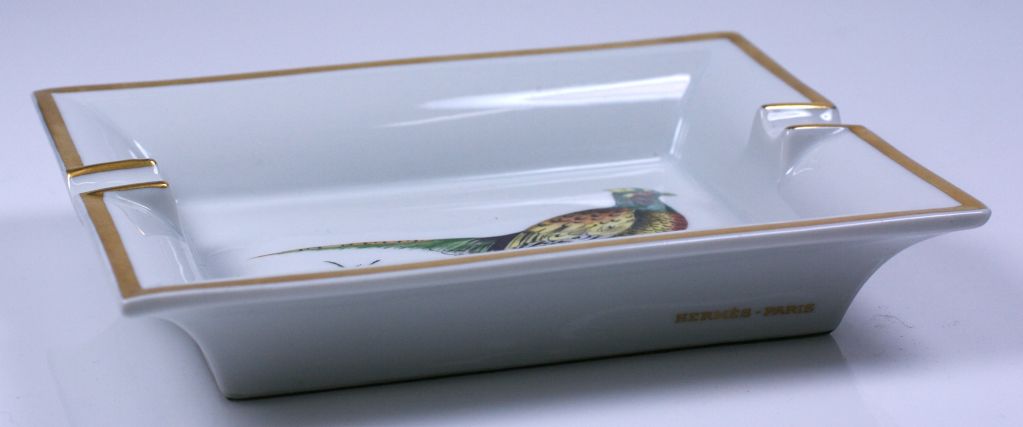 Oversized Hermes hand painted tray with pheasant. 24k gold leaf accents over the finest French limoges china circa 1960s.<br />
Excellent condition. 7.5