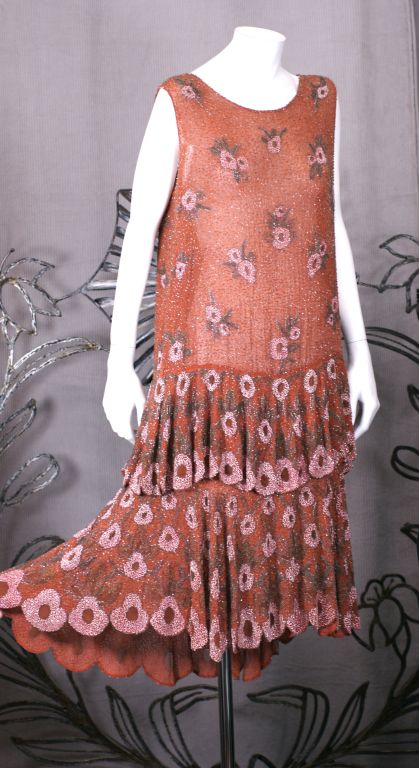 Lovely French Beaded and Hand Painted Flounced Flapper Dress 5