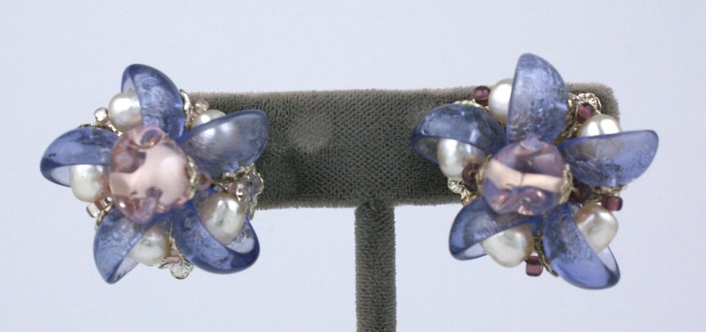 Women's Miriam Haskell Mauve Glass and Pearl Earclips For Sale